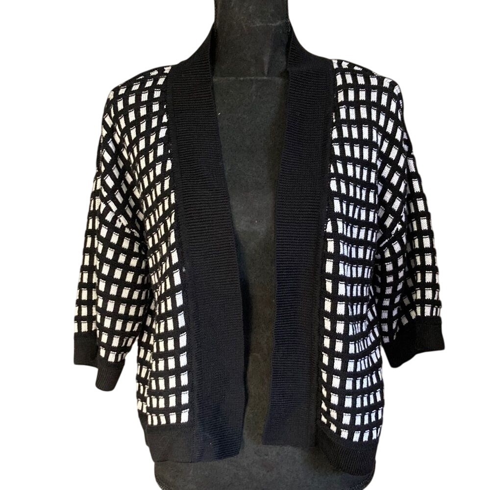 Worthington Black White Checkerboard Open Front Cardigan Sweater Medium